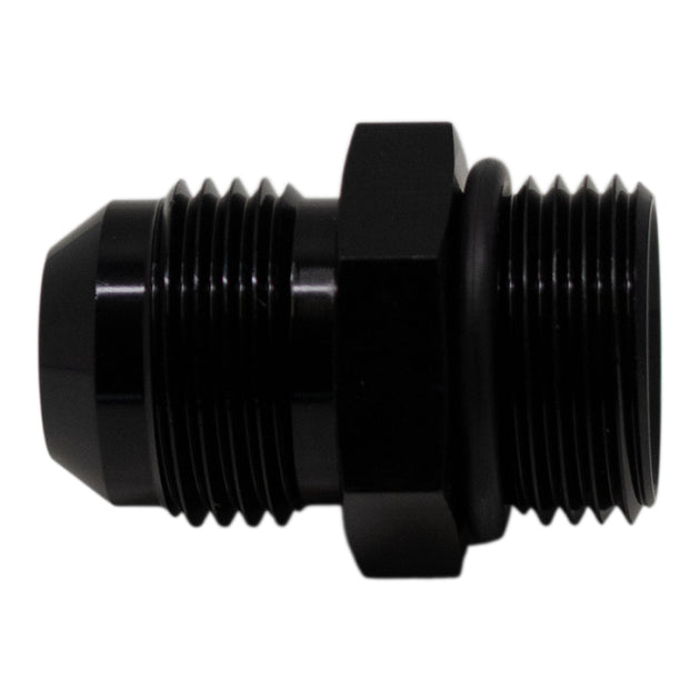 DeatschWerks 10AN ORB male to 10AN male flare adapter with O-ring, matte black anodized fitting for high-performance fluid connections.