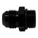 DeatschWerks 10AN ORB male to 10AN male flare adapter with O-ring, matte black anodized fitting for high-performance fluid connections.