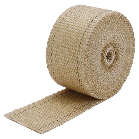 DEI Tan Exhaust Wrap 2in x 25ft, heat-resistant thermal insulation for exhaust headers and pipes, shown in a rolled-up coil.