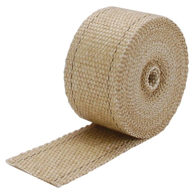DEI Tan Exhaust Wrap 2in x 25ft, heat-resistant thermal insulation for exhaust headers and pipes, shown in a rolled-up coil.