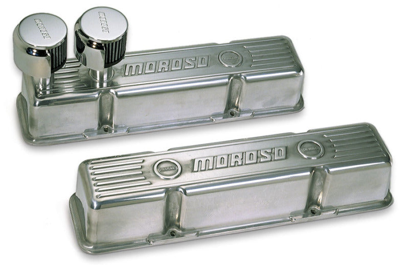 Pair of polished aluminum Moroso Chevrolet small block valve covers with two front breathers, designed for classic engine customization.