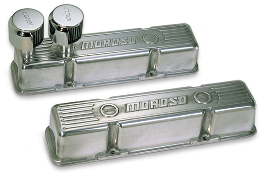 Pair of polished aluminum Moroso Chevrolet small block valve covers with two front breathers, designed for classic engine customization.
