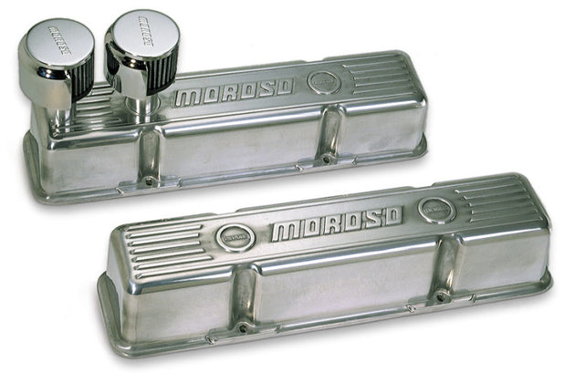 Pair of polished aluminum Moroso Chevrolet small block valve covers with two front breathers, designed for classic engine customization.