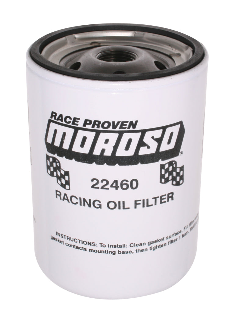 Moroso Chevrolet racing oil filter with 13/16-inch thread and 5-1/4 inch height, designed for high-performance engines.