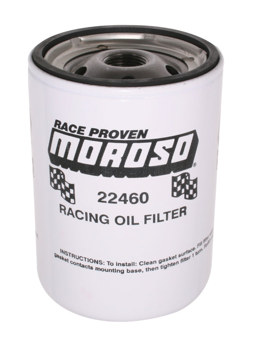 Moroso Chevrolet racing oil filter with 13/16-inch thread and 5-1/4 inch height, designed for high-performance engines.