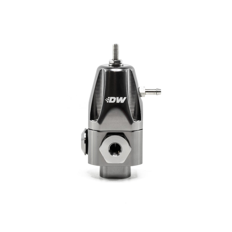 DeatschWerks DWR1000 titanium adjustable fuel pressure regulator with metallic finish and compact design.