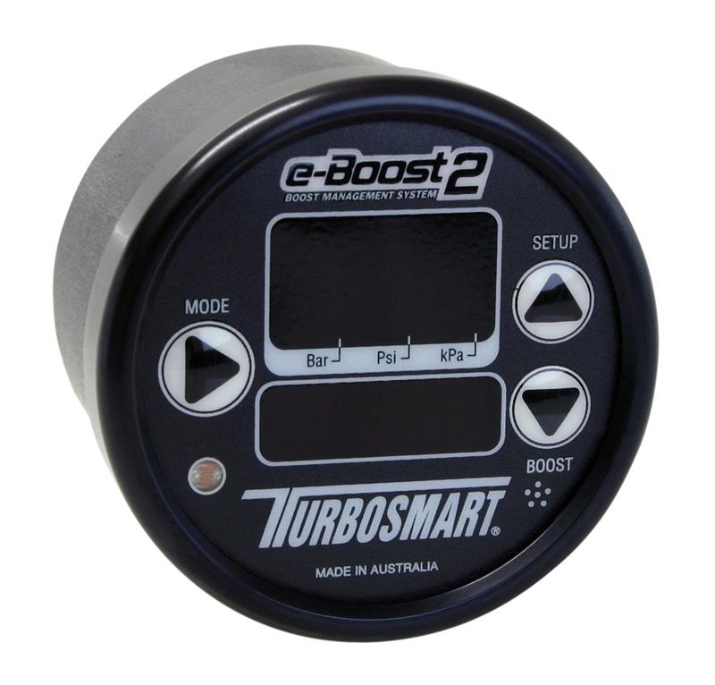 Black Turbosmart eBoost2 60mm electronic boost controller with display and control knobs for turbocharged vehicles.