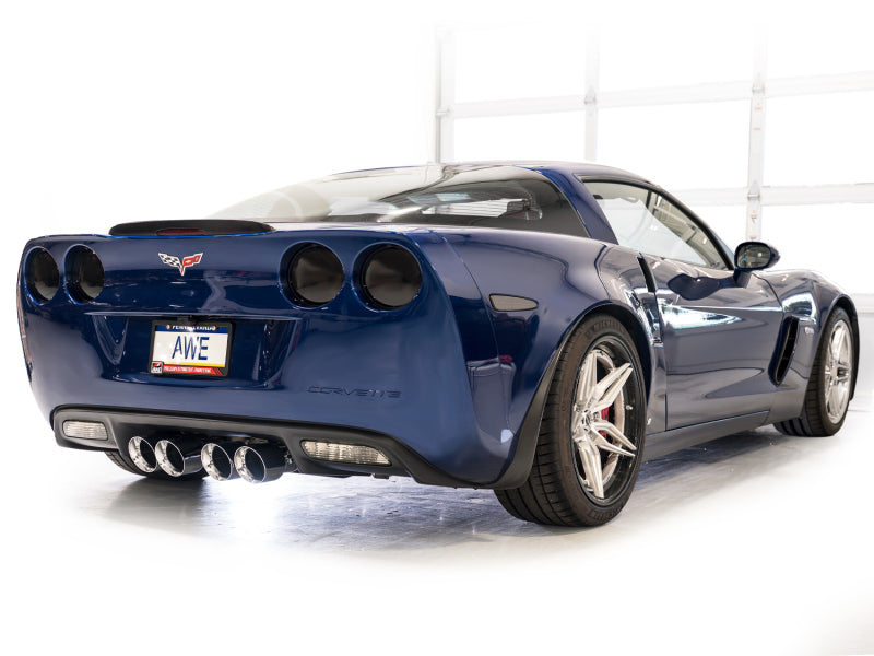 AWE Tuning C6 Chevrolet Corvette Z06/ZR1 touring edition axle-back exhaust with chrome silver tips, mounted on the vehicle.