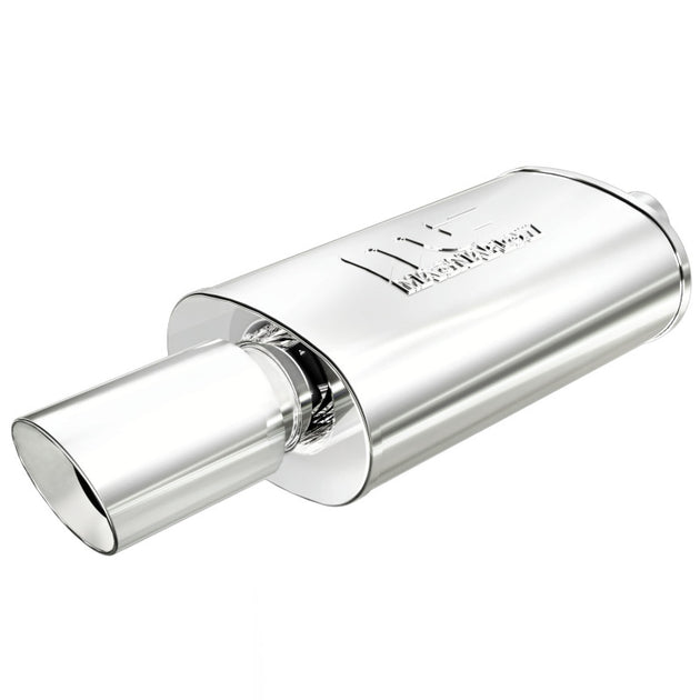MagnaFlow stainless steel muffler with tip, 14x5x8 inches, 2.25/4 inch inlet and outlet, for automotive exhaust systems.