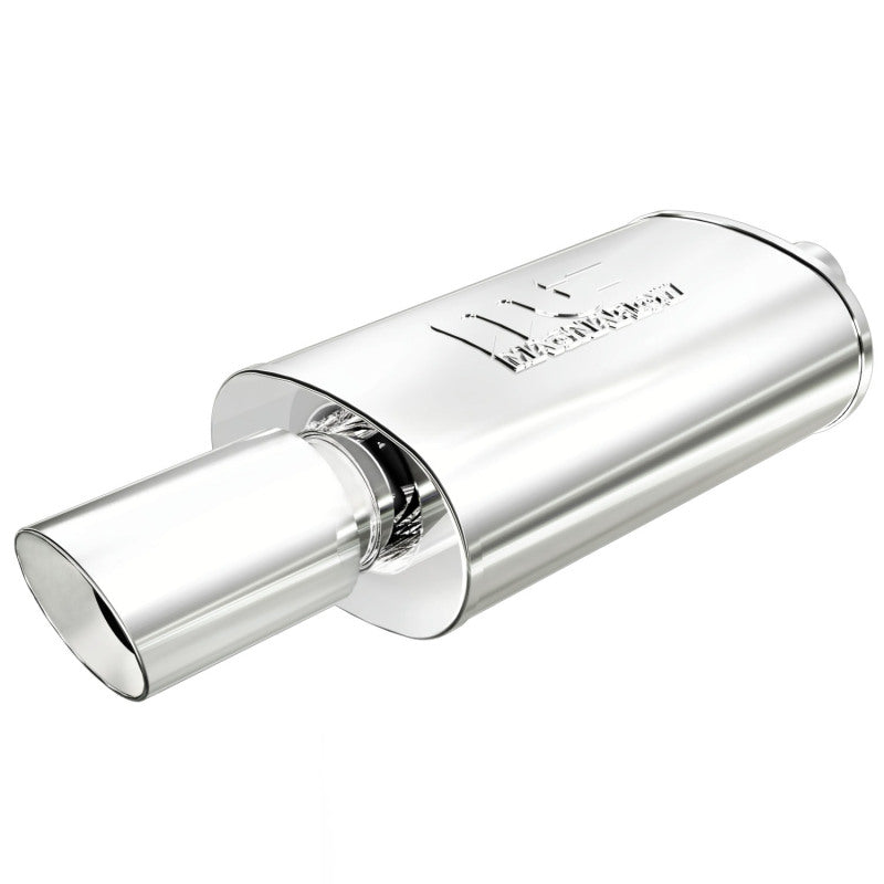 MagnaFlow stainless steel muffler with tip, 14x5x8 inches, 2.25/4 inch inlet and outlet, for automotive exhaust systems.