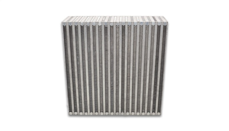 Vibrant vertical flow intercooler core with 12-inch width, 12-inch height, and 3.5-inch thickness, showcasing metal fins and end tanks.