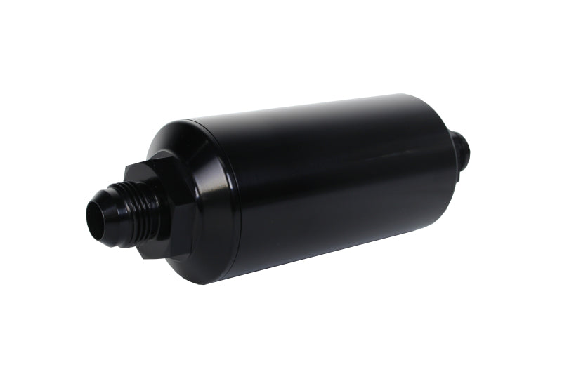 Aeromotive In-Line Fuel Filter with AN -8 male fittings, 10 micron fabric element, bright dip black finish for efficient fuel filtration.