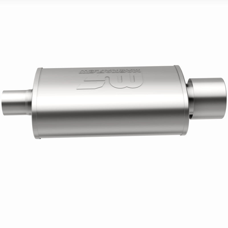 MagnaFlow stainless steel muffler with tip, 14x5x8 inches, designed for automotive exhaust systems with 2.25/4 inch inlet and outlet.
