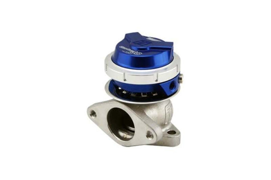 Blue Turbosmart WG38 Gen V Ultragate 38 wastegate with 14psi boost pressure, featuring a compact design and precise control.