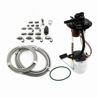 DeatschWerks DW400 fuel pump module with PTFE fuel lines for 2005-2009 GM trucks, showcasing the pump and durable fuel lines.