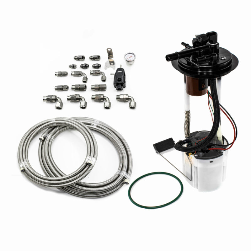DeatschWerks DW400 fuel pump module with PTFE fuel lines for 2005-2009 GM trucks, featuring a compact, high-performance design.