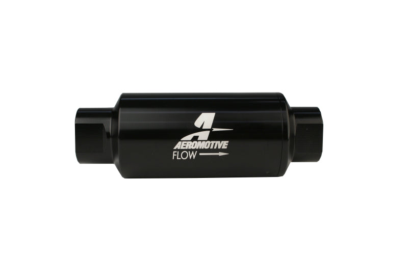 Aeromotive black AN-10 inline fuel filter with 100 micron filtration, designed for automotive fuel systems.