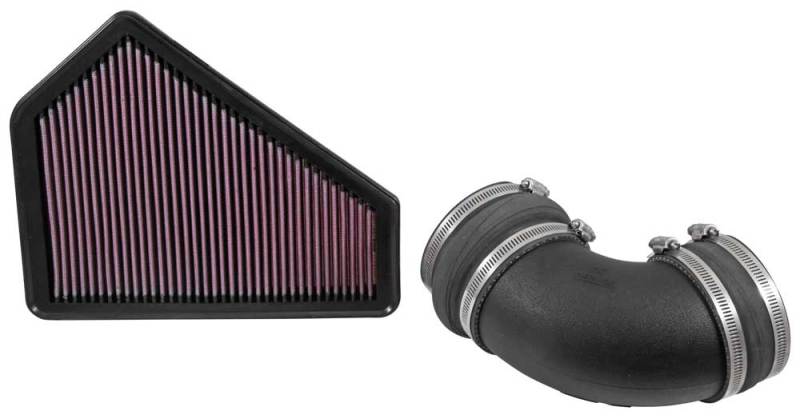 K&N Engineering Cadillac CTS-V 6.2L V8 cold air intake kit with high-performance 57 Series FIPK filter visible in the engine bay
