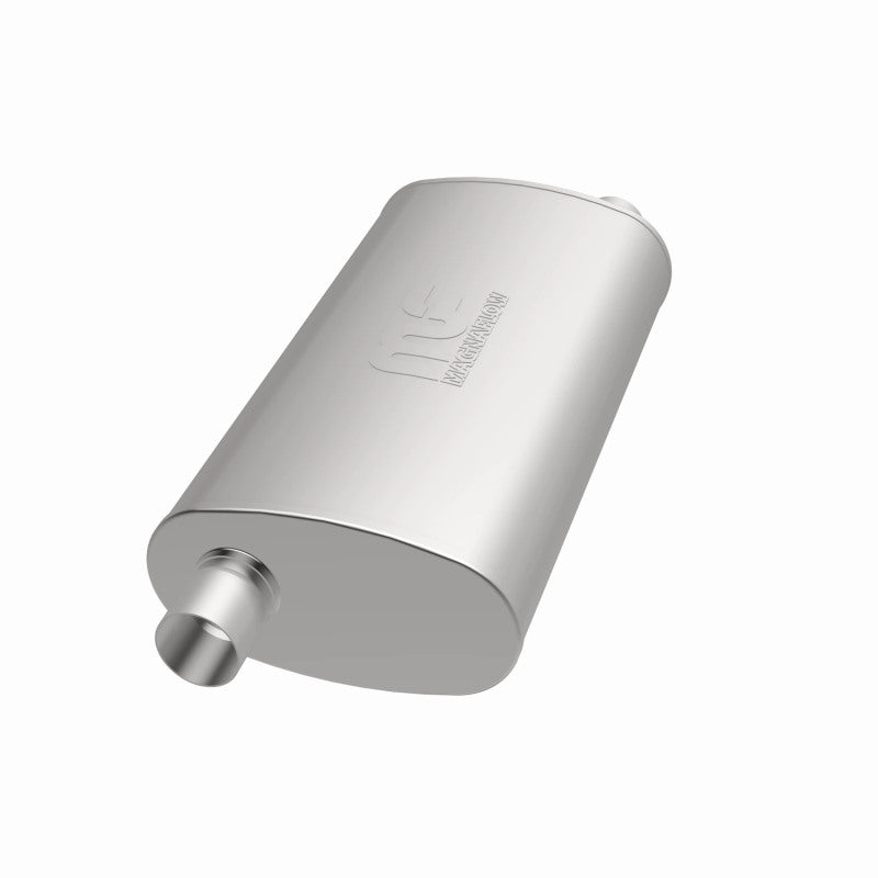 MagnaFlow Mag SS muffler with 22x5x11 inch dimensions and 3x3 inlet/outlet, showing the stainless steel construction and inlet pipes.
