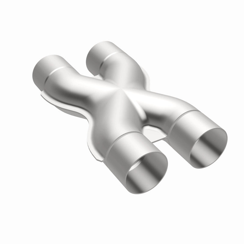 MagnaFlow Smooth Trans X 2.5/2.5 stainless steel X pipe for exhaust systems, shown in a close-up image.
