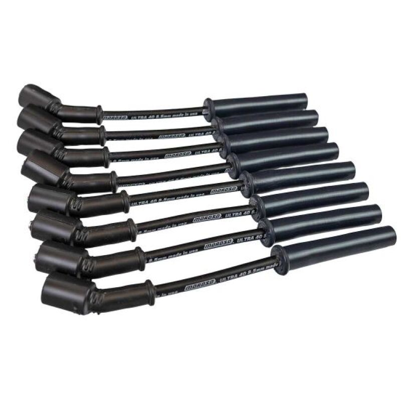 Moroso GM LS 5.7L-7.0L Ultra40 spark plug wire set with black multi-angle boots for ignition systems, 8.5mm diameter.