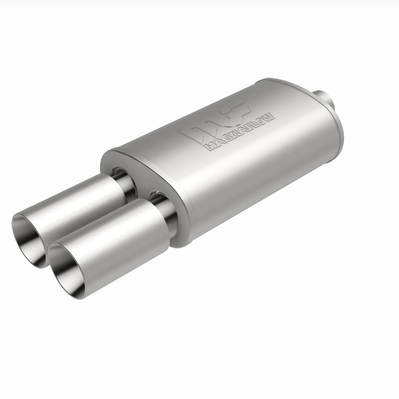 MagnaFlow stainless steel muffler with tip, 14x5x8 inches, featuring dual inlet and outlet, for enhanced exhaust performance.