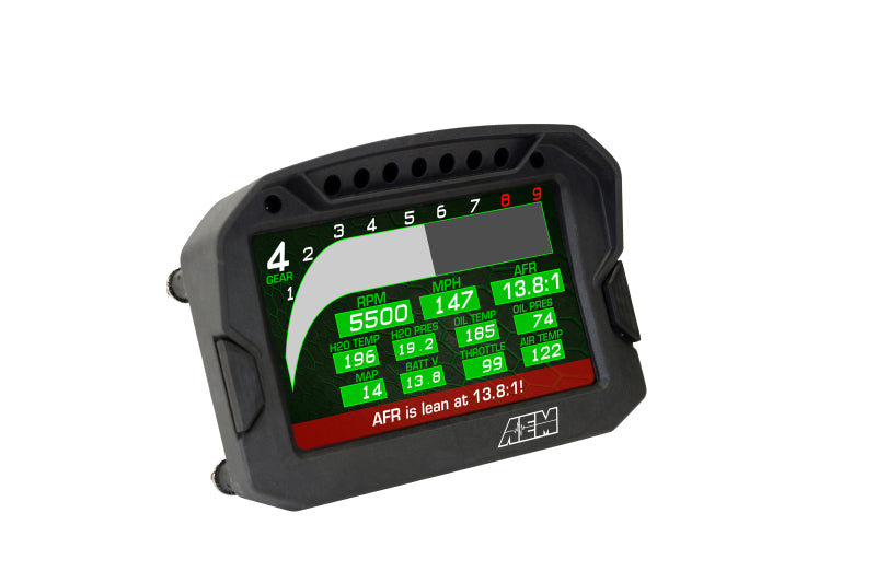 AEM CD-5LG Carbon Logging Digital Dash Display with internal 10Hz GPS and antenna showing gauges in a vehicle interior.
