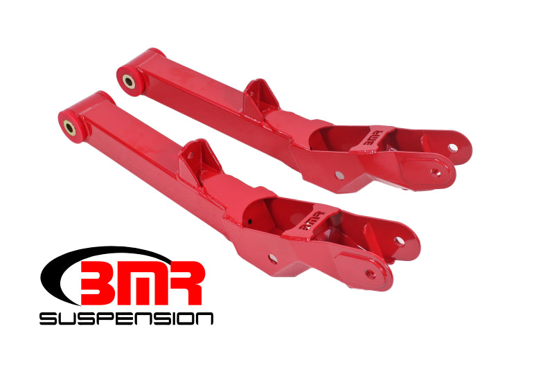 Red BMR Suspension 5th Gen Camaro rear lower control arms with polyurethane bushings, non-adjustable, for improved suspension performance.