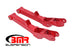 Red BMR Suspension 5th Gen Camaro rear lower control arms with polyurethane bushings, non-adjustable, for improved suspension performance.