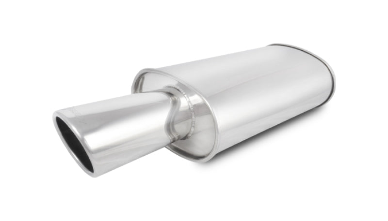 Vibrant StreetPower Turbo oval muffler with 4-inch round tip, angle cut rolled edge, 3-inch inlet size, for enhanced exhaust performance.