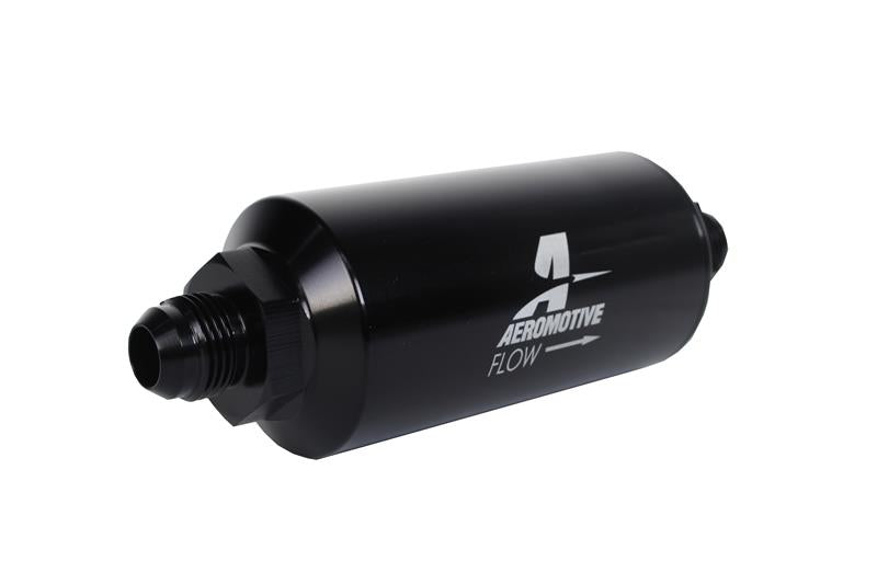 Aeromotive in-line fuel filter with AN -8 male fitting, 10 micron fabric element, bright dip black finish for automotive use