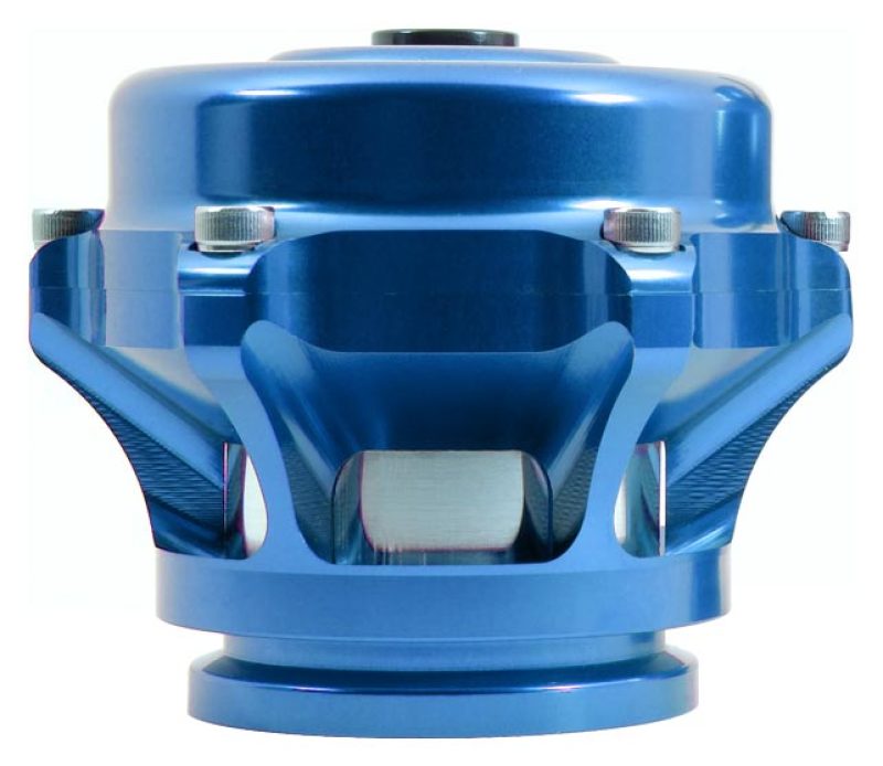 Blue TiAL Sport Q BOV 6 PSI spring blow off valve installed on a turbocharged engine.