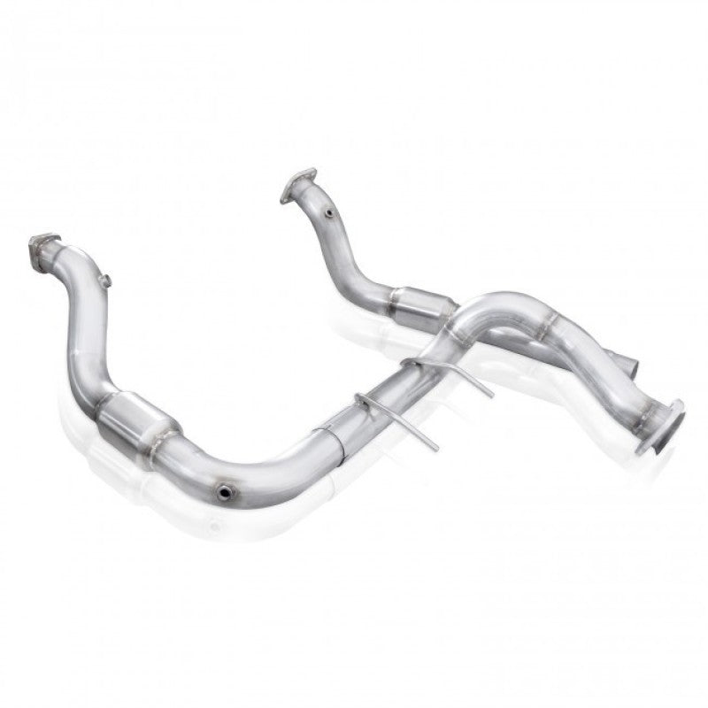 Stainless Works high-flow 3-inch downpipe with factory connection for 2017 Ford F-150 Raptor 3.5L engine, showing the polished metal pipe.