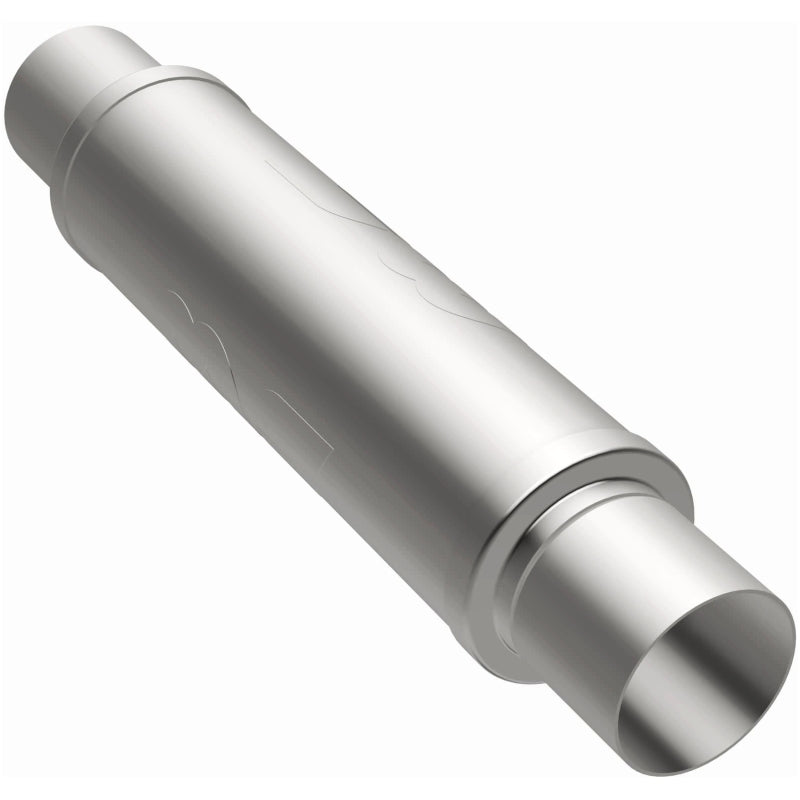 MagnaFlow Mag SS 4x4x14 muffler for trucks, showing a cylindrical stainless steel exhaust component with inlet and outlet openings.