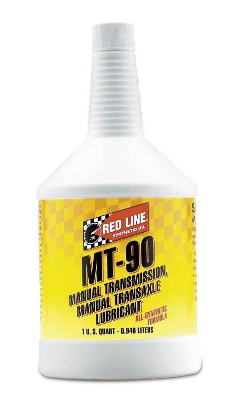 Red Line MT-90 75W90 gear oil quart container, showing the product label and packaging for vehicle transmission lubrication.