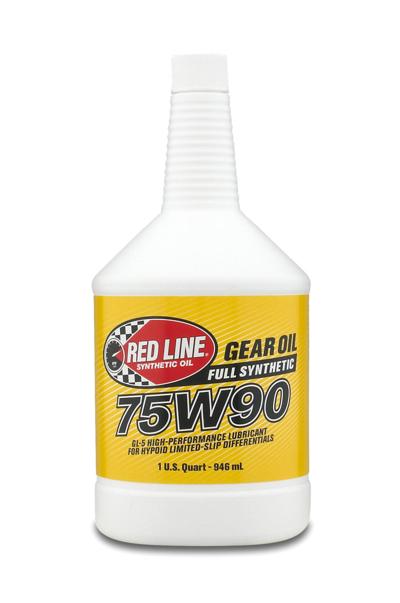 Red Line 75W90 Gear Oil quart container, high-performance gear oil for manual transmissions and differentials.