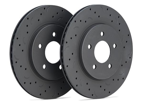 Hawk Performance drilled and slotted front brake rotor set for 2007 Cadillac Escalade, high-performance brake rotors with slots and drill holes.
