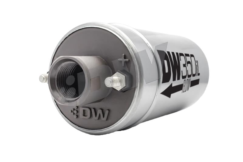 DeatschWerks 350 LPH DW350iL inline external fuel pump with silver body and inlet/outlet fittings for fuel delivery.