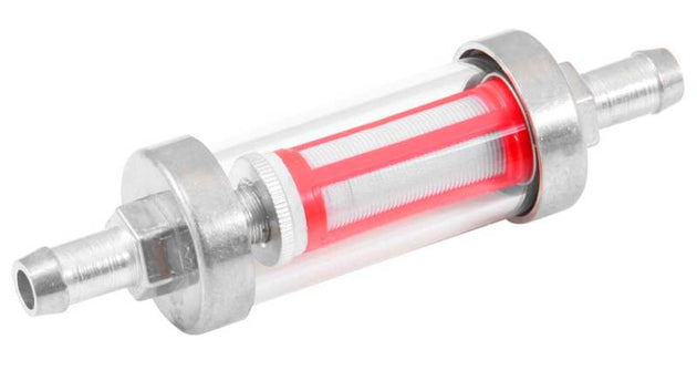 K&N universal inline fuel filter with 5/16in and 3/8in fittings, designed for automotive fuel systems.