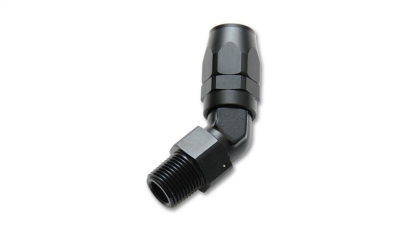 Vibrant -6AN male NPT 45-degree hose end fitting with 3/8 inch NPT threads, made of durable metal for automotive or industrial use.