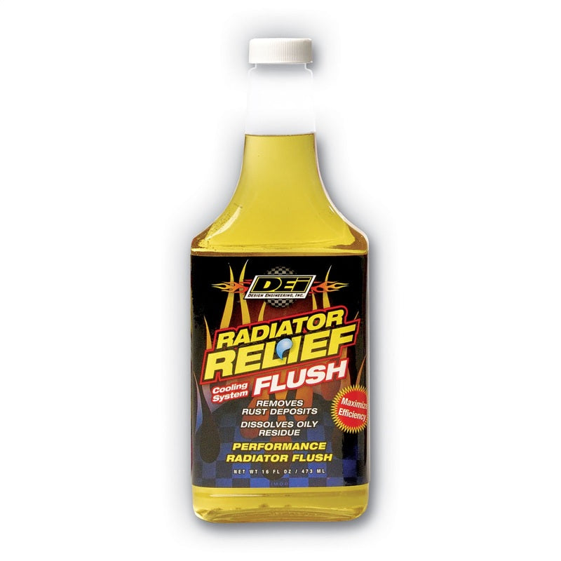 DEI Radiator Relief Flush 16oz coolant bottle, designed for automotive radiator cleaning and cooling system maintenance.