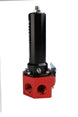 Aeromotive belt drive fuel pressure regulator for EFI systems, shown mounted with hoses and adjustment knob.