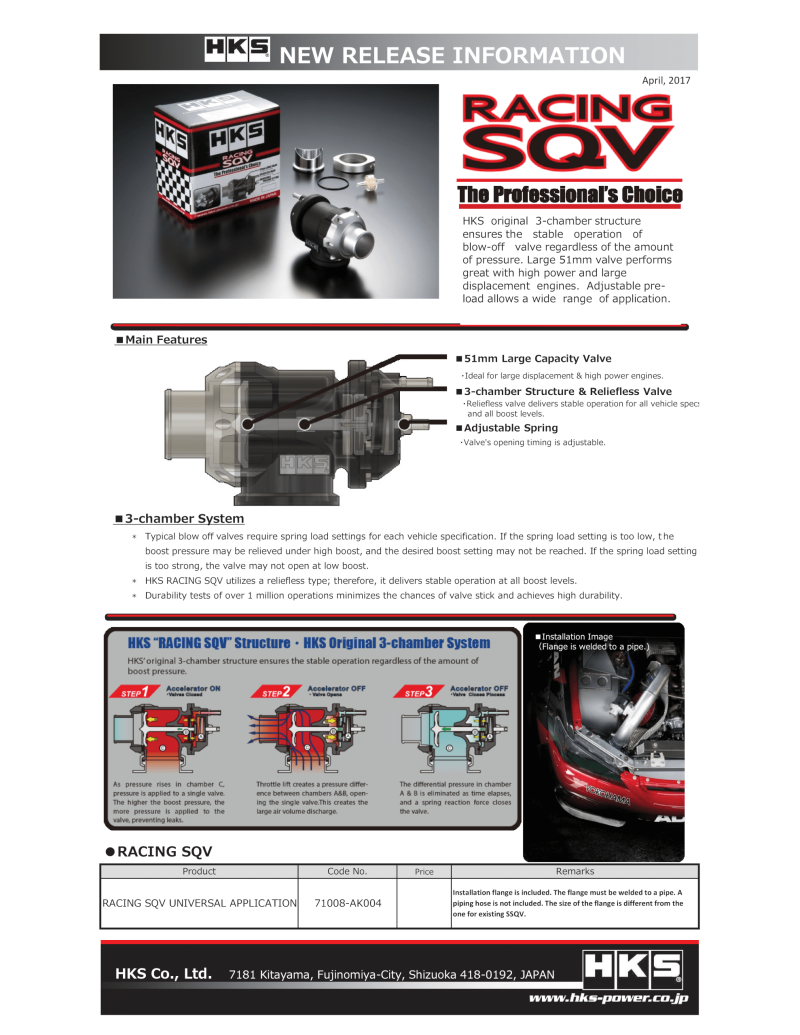 HKS Racing SQV universal blow off valve installed on a car engine, showcasing its black and silver design with hoses attached.