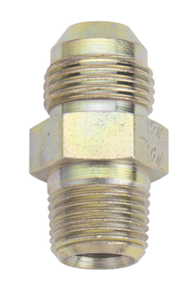 Steel Fragola -3AN to 1/8 NPT straight fitting adapter showing the threaded ends and smooth steel surface.
