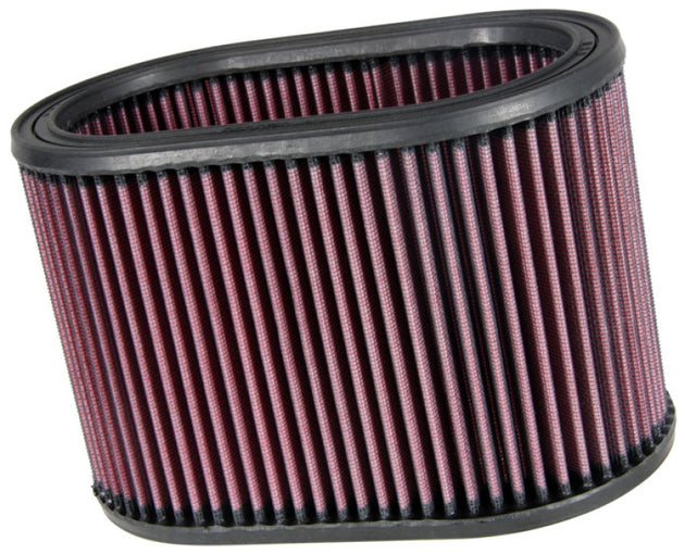 K&N Engineering oval drop-in air filter with black rubber frame and pleated cotton filter media, measuring 8-7/8 inches long.