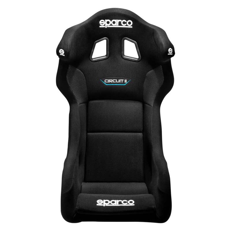 Black Sparco Circuit II QRT race seat with racing harness and side bolsters, designed for high-performance driving.