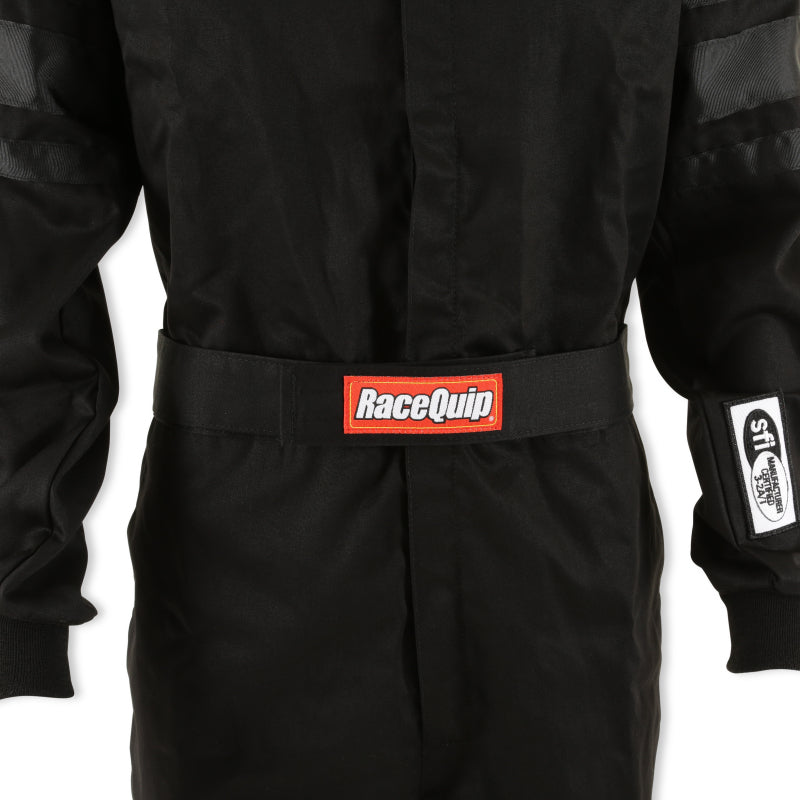 RaceQuip Black SFI-1 racing suit in Medium size, made of durable fabric, with a sleek black design suitable for motorsport safety.