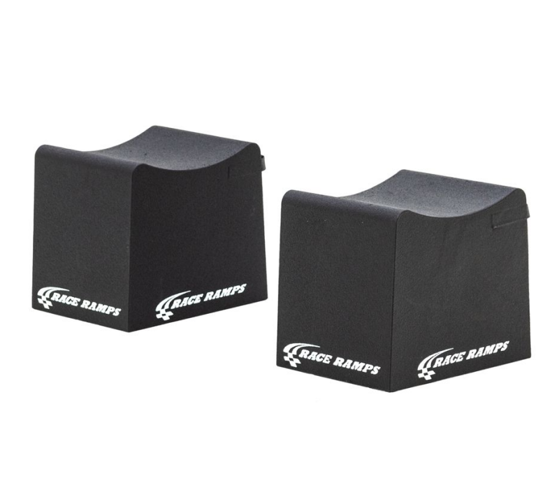Race Ramps 12-inch one-piece multi-purpose wheel cribs for vehicle support, with 1500 lbs capacity, in a workshop setting.