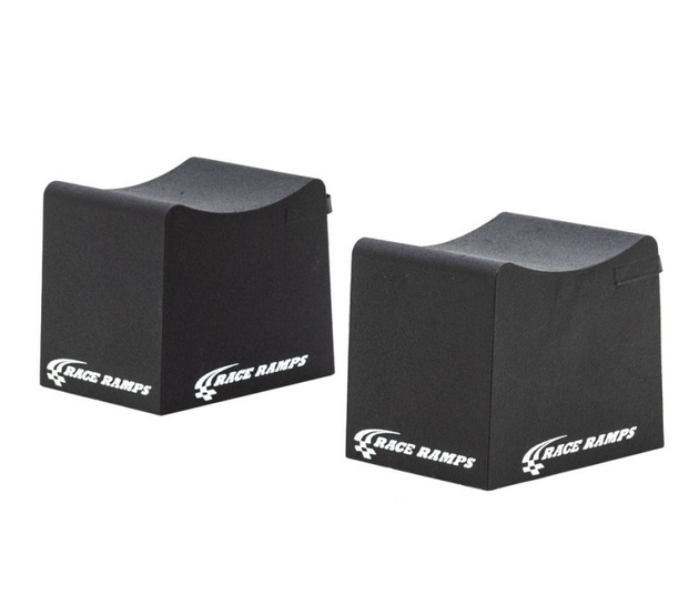 Race Ramps 12-inch one-piece multi-purpose wheel cribs for vehicle support, with 1500 lbs capacity, in a workshop setting.