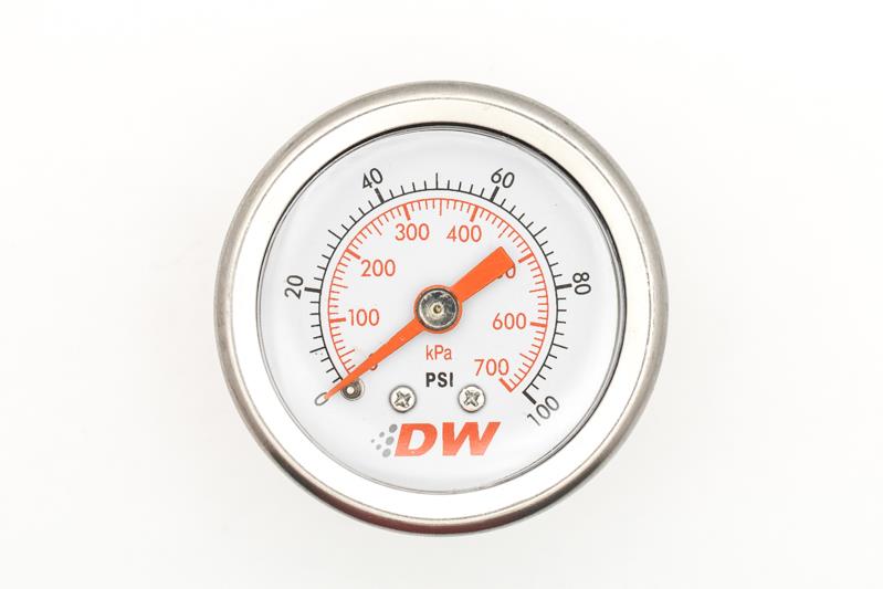 DeatschWerks mechanical fuel pressure gauge displaying 0-100 PSI with 1/8 inch NPT connection for automotive use